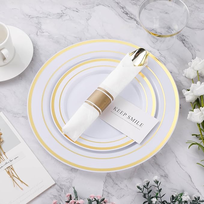 BESTVIP 175PCS Gold Plastic Dinnerware Set, Disposable Party Plates for 25 Guests, Include: 50 Plastic Plates, 25 Pre Rolled Napkins with Gold Silverware, 25 Cups for Christmas, Halloween