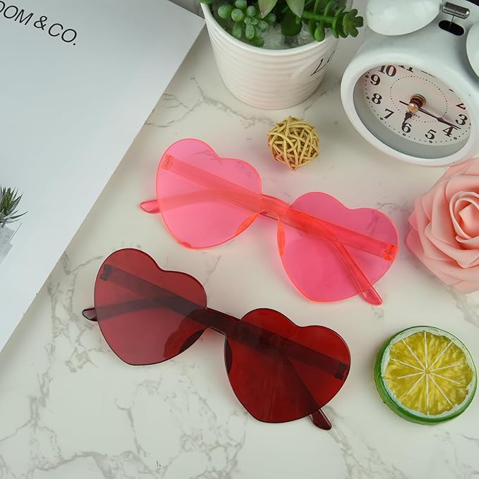 NACHLYNN 4 Pairs Rose Red and Red Heart Shaped Sunglasses for Women - Rimless Heart Glasses for Party Favors