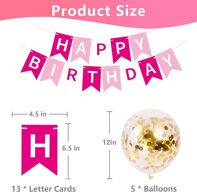 Happy Birthday Banner Sign Bunting Hanging Decorations with Shiny Gold Balloons Birthday Party Sign Decor for Party Supplies(Pink+White)