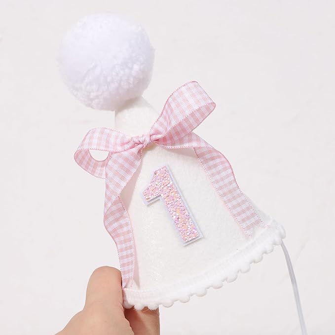 Pink Bow 1st Birthday Hat - Baby Girls 1st Birthday Crown, Pink First Birthday Decoration, Princess 1st Birthday Decor for Girls, Cake Smash Props