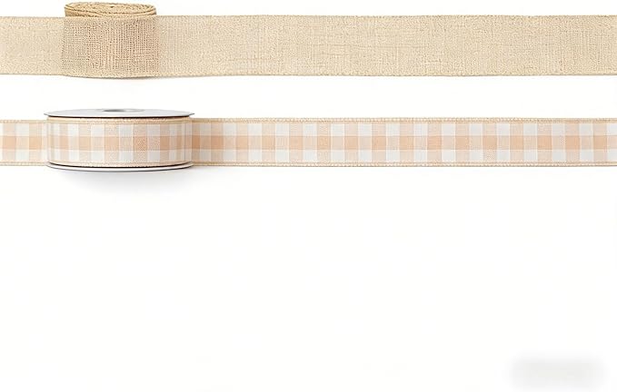 Meseey 1.5 Inch Natural Tan & Beige Buffalo Plaid Burlap Wired Ribbon, 5 Yards, Gingham Check Ribbon for Christmas Wreath, Gift Wrapping, Wedding, Home Decor