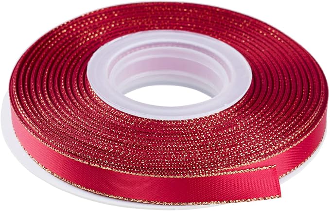 3/8" Double Face Satin Ribbon with Gold Edge 25 Yards (250-Red), Set for Gift Wrapping, Party Decor, Wedding and Craft