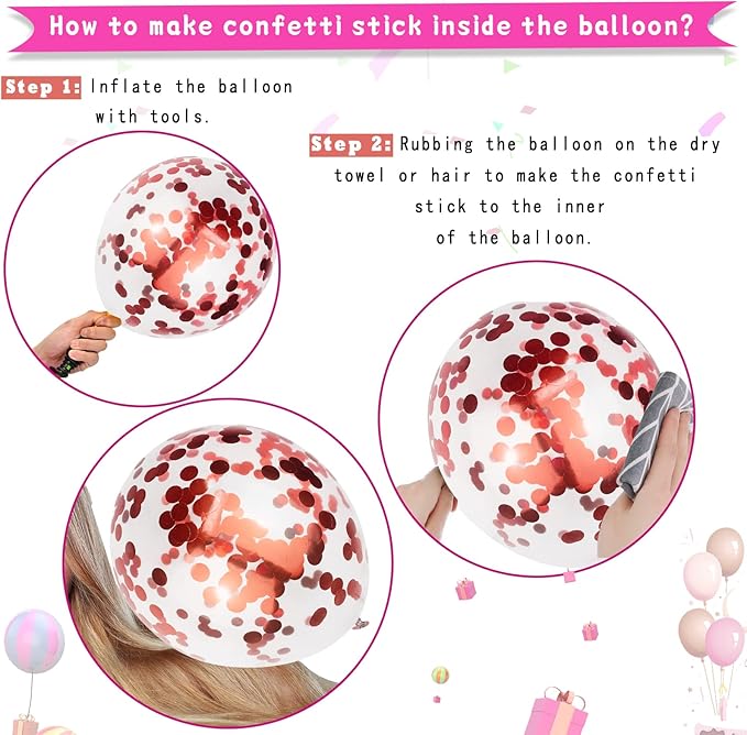 Paready Pink Confetti Balloons, 60 Pcs 12 Inch Metallic Red Rose Gold and Pink Latex Confetti Balloons for Birthday Baby Shower Engagement Anniversary Wedding Bridal Shower Party Graduation Decoration