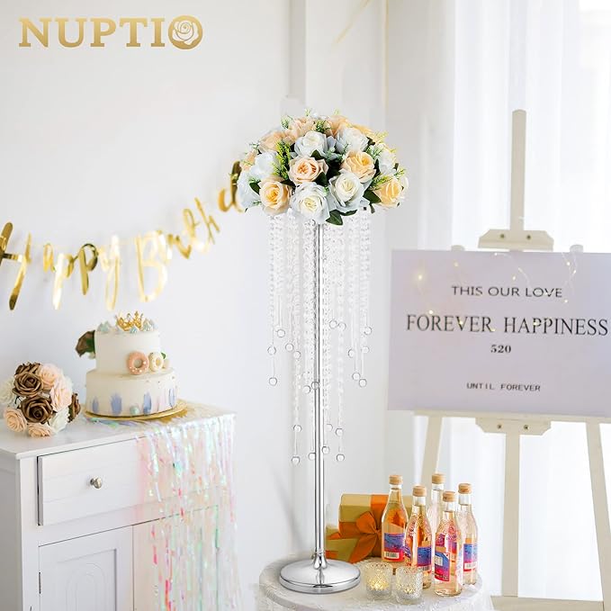 NUPTIO Silver Vase Wedding Centerpieces: 2 Pcs 29.5in Tall Crystal Flower Stand for Tables Elegant Metal Flowers Arrangement Vases for Weddings Birthday Party Anniversary Reception Home Decorations