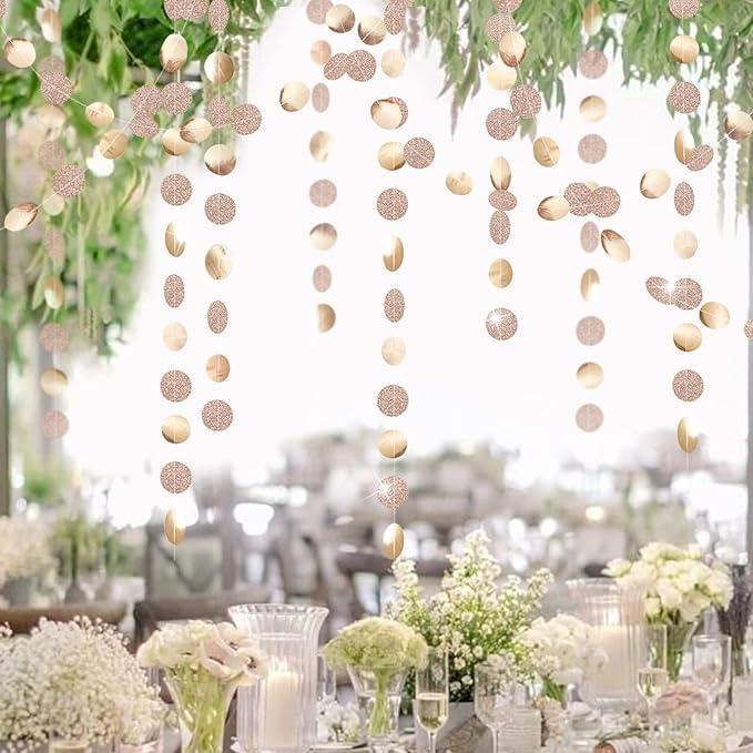 Decor365 Glitter Champagne Gold Party Decorations Gold Birthday Decorations Hanging Circle dot Gold Garlands Streamers Banner Backdrop Bridal Shower Bachelorette Graduation Holiday Party Decor