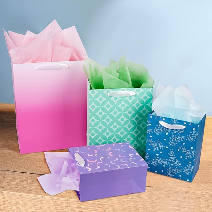 12 Pack Gift Bags Assorted Sizes and Designs, Gift Bags Bulk with Tissue Paper (5 Medium 8", 4 Large 11", 3 Extra Large 14") for Birthday, Baby Showers, Bridal Showers, Easter Day Any Occasion