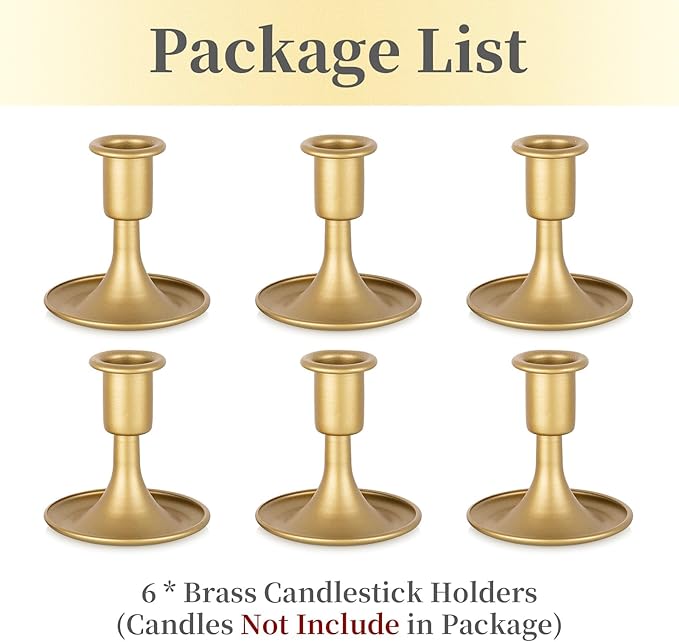 Gold Taper Candle Holder Set of 6, Hewory Short Skinny Brass Candlestick Holders, Vintage Small Low Metal Candles Sticks for Wedding Centerpieces Christmas Birthday Party Holiday Dining Table Decor
