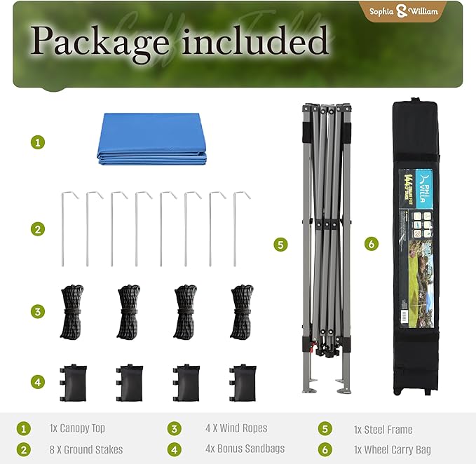 Sophia & William Canopy Tent Pop Up 12x12ft Base/9x9ft Top Easy Set Up Tent Slant Legs, Outdoor Canopies Shelter Heavy Duty with 4 Sandbags, 1 Roller Bag & Storage Bag, 8 Stakes & 4 Guy Ropes UPF50+