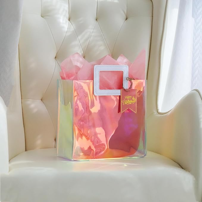 8.3'' Holographic Small Birthday Gift Bag with Tissue Paper and Happy Birthday Gift Tag for Women Girls Mothers (S- Glossy Coral)