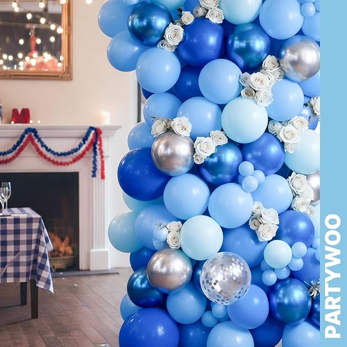 PartyWoo Blue and Silver Balloons 66pcs 12 Inch Light Pastel Baby Metallic Pearl Blue Metallic Chrome Silver Confetti Balloons for Gender Reveal Wedding Baby Shower Birthday Party Decorations