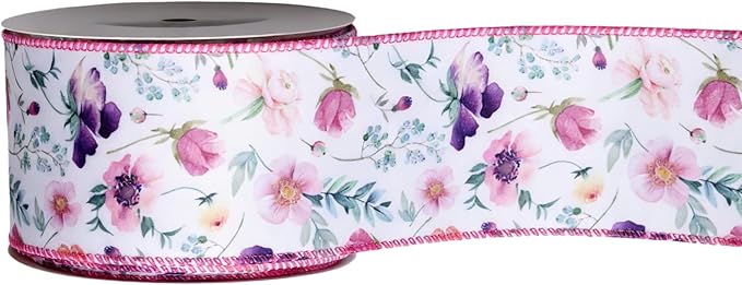 Meseey Flower Wired Edge Ribbon Pastel Summer Decoration Ribbons for Wreaths, Crafts, Garlands, Gift Wrapping (Gradient Flower, 2.5 Inch)