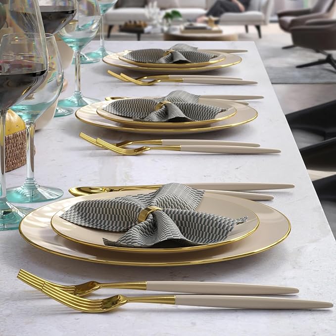Trendables 120 Pack Disposable Silverware Set - Ivory & Gold Plastic Cutlery Dinnerware - Includes 40 Forks, 40 Spoons, 40 Knives - Party Set
