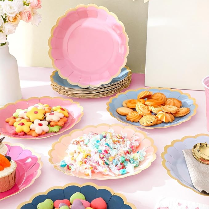 48 Pcs Pink Navy Blue Paper Plates 9 Inch Gradient Scalloped Paper Plates Disposable Dinner Dessert for Dancing Queen Birthday Wedding Bridal Party Supplies, 6 Colors