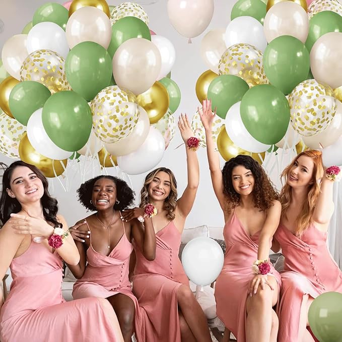 Sage Green White Gold Balloons, 50pcs Olive Green Gold Metallic Sand White Balloons with Gold Confetti Balloons for Wedding Bridal Shower Safari Birthday Party Decorations