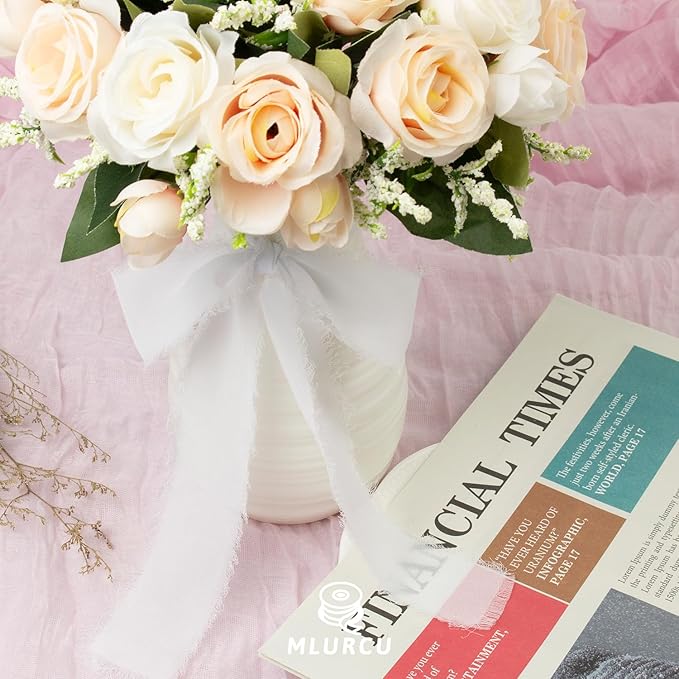 White Chiffon Ribbon - 1-1/2 Inch x 21 Yards Handmade Fringe Silk Ribbon for Wedding Invitation, Bridal Flower Bouquets, Floral Arrangement, Gift Wrapping
