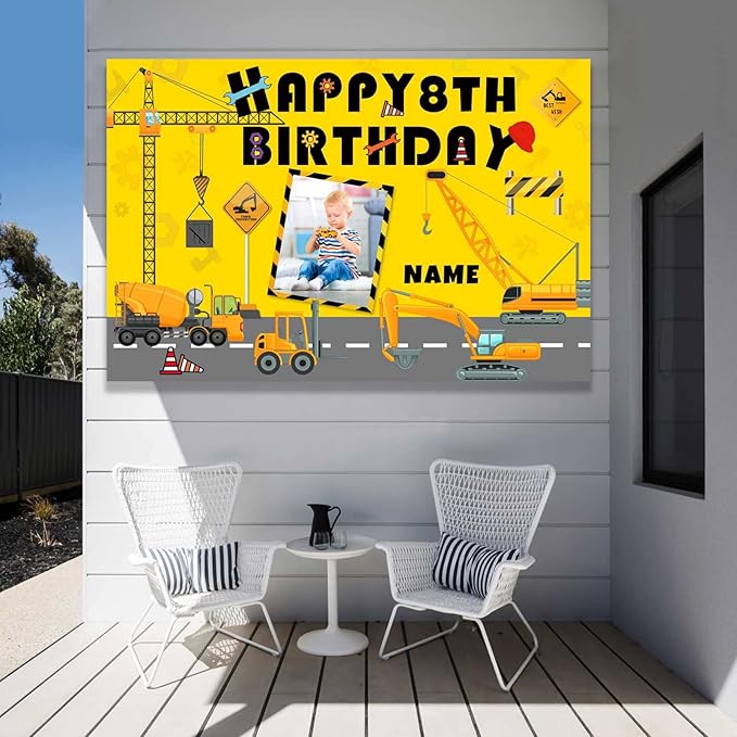 Custom Construction Happy Birthday Party Decorations Supplies Personalized Excavator Crane Dump Truck Digger Birthday Backdrop Banner(4x6ft)