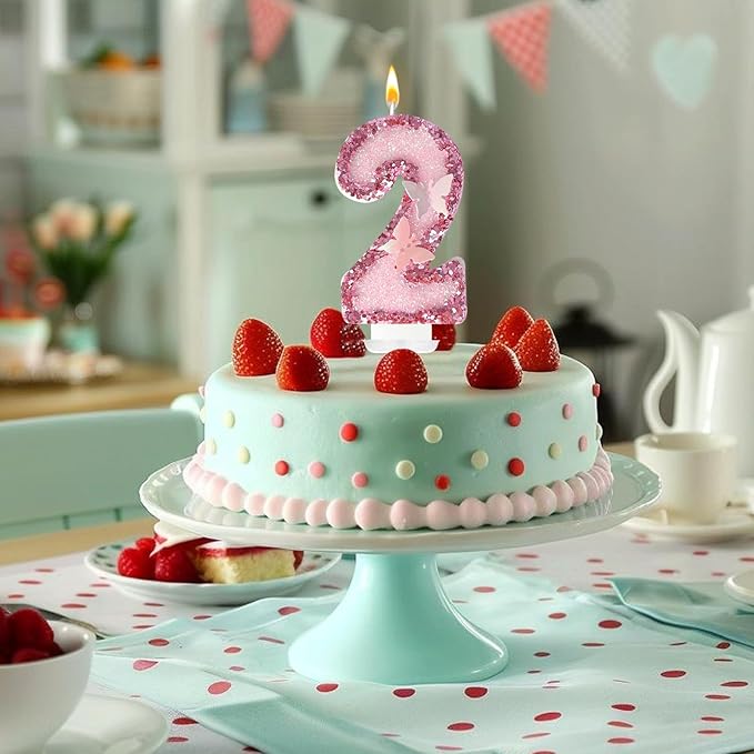 2nd Birthday Candles,Glitter Butterfly Cake Toppers Pink Sequins Wedding Numeral Cupcake Decorations,Suitable for Girl and boy Wedding Cakes, Party Celebrations, Birthday Decorations