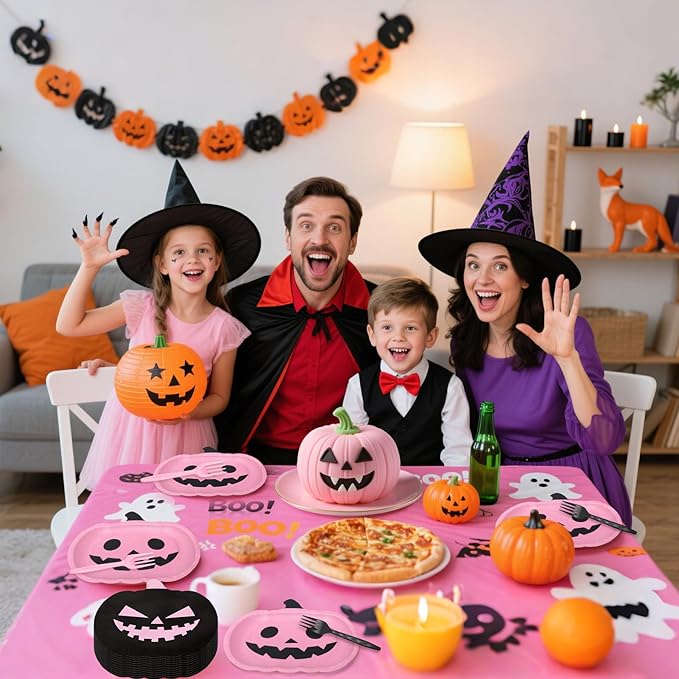 96 Pcs Halloween Paper Plates and Napkins Party Supplies Serve 24, 9" Pink Cartoon Pumpkin Disposable Plates for Halloween Birthday Baby Shower Table Decor