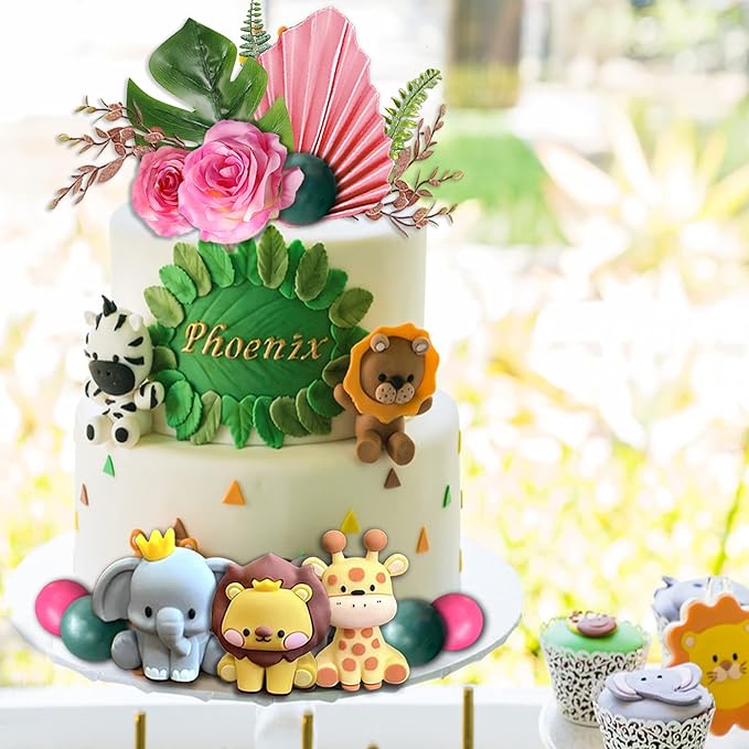 22pcs Safari Jungle Animal Cake Toppers Flower Balls Cake Decoration with Boho Palm Leave Forest Animal Toys and Artificial Flowers for Boys Girls Safari Theme Birthday Party Supplies