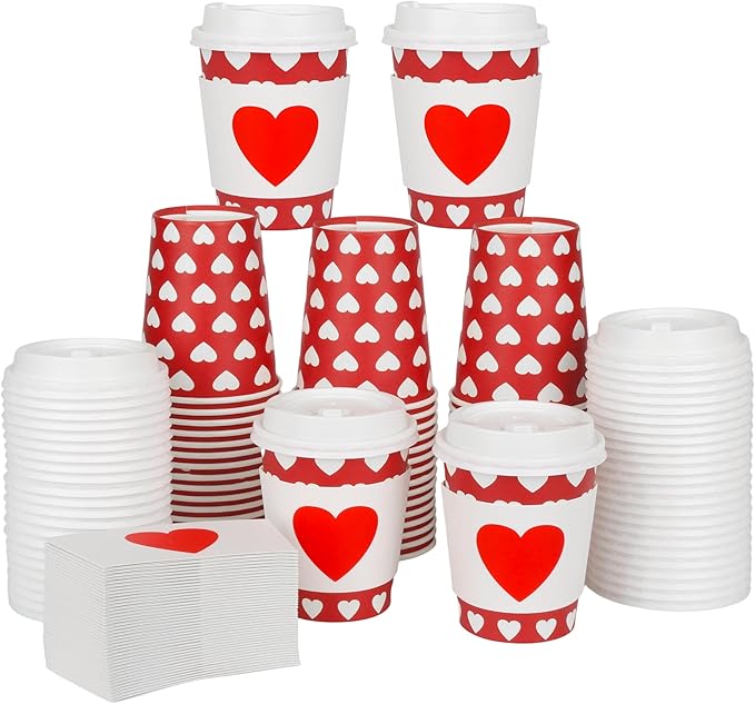 AimFun 50Pcs Halloween Ghost Disposable Coffee Cups with Lids and Sleeves 8oz Ghost Spooky Paper Party Cups Black White Boo Cold Hot Drinking Cups for Birthday Halloween Party Supplies (Hearts)