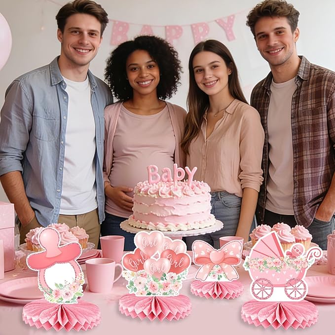 It's a Girl Baby Shower Decorations - 12 Pcs Pink Honeycomb Centerpieces for Tables, Pink Floral Baby Shower Table Decorations for Girl, Gender Reveal Party Supplies, Baby Shower Toppers