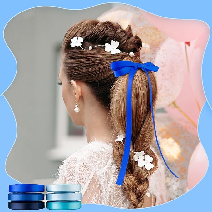 Blue Satin Ribbon 3/8 Inch 60Yds Navy Blue Royal Blue Light Blue Ribbon Assorted Solid Color Thin Double Faced Satin Ribbon for Flower Bouquet Wedding Invitation Crafts Gift Wrapping Hair Bows
