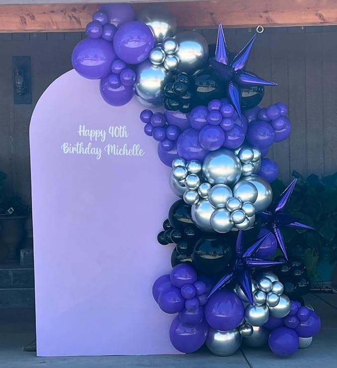 Purple Black Silver Latex Balloons, 65pcs 12 Inches Metallic Silver Purple Confetti Balloons with 1 Ribbon for Halloween, Birthday, Graduation, Anniversary party decorations