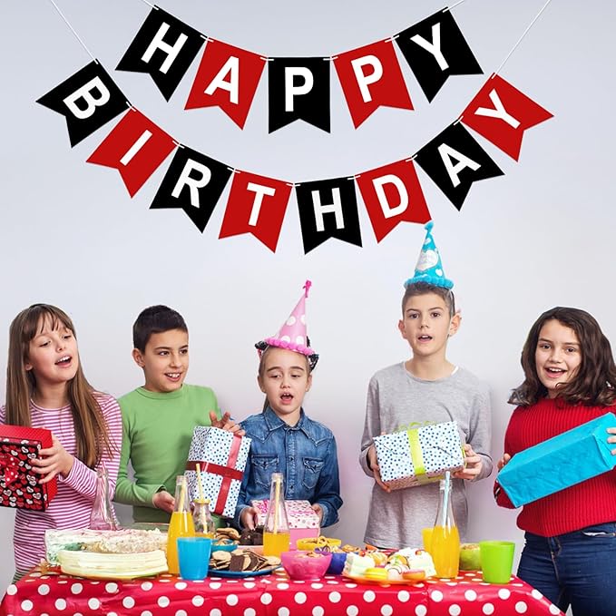 Happy Birthday Banner Birthday Party Banner NO DIY Happy Birthday Sign Pre-Strung Birthday Hanging Decoration for Women Men Girl Boy Party Supplies (Red and Black)