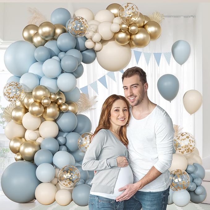 147pcs Dusty Blue Balloon Garland Arch Kit, Light Baby Blue Sand White Metallic Gold Confetti for Birthday Wedding Bridal Shower Boho Baby Shower Party Decorations