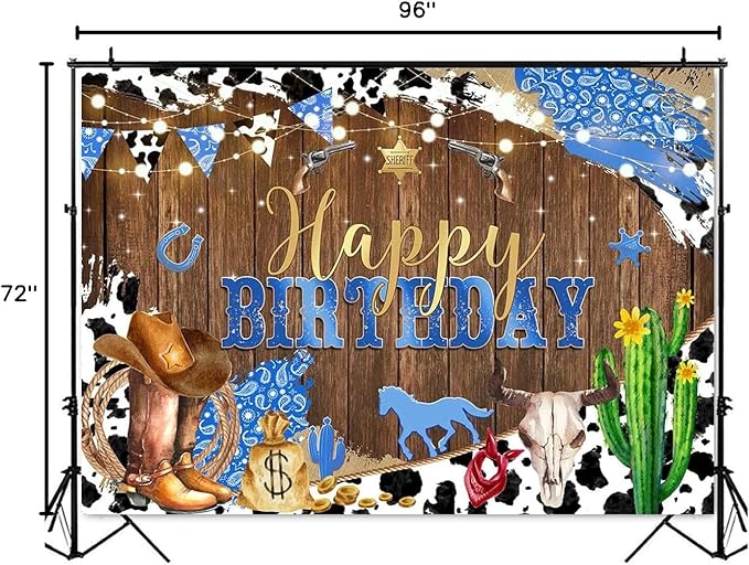 Mocsicka Western Happy Birthday Backdrop Brown Wood Kids Birthday Party Decorations Banner Rustic Old West Rodeo Photography Background Cowboy Party Supplies (Blue, 8x6ft(96x72 inch))