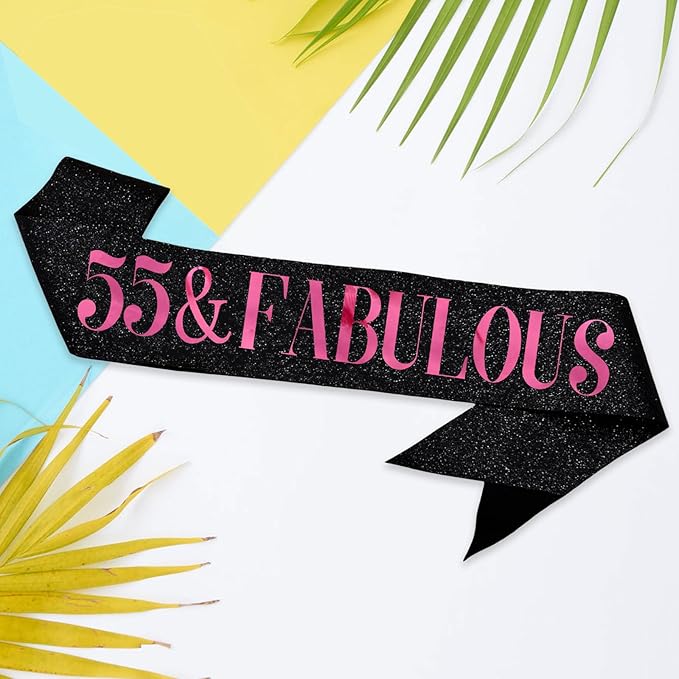 55 & Fabulous Sash, Funny 55th Birthday Sash for Women 55th Bday Party Photo Prop Favors Suppiles, Pink Foil Letter, Glitter Black