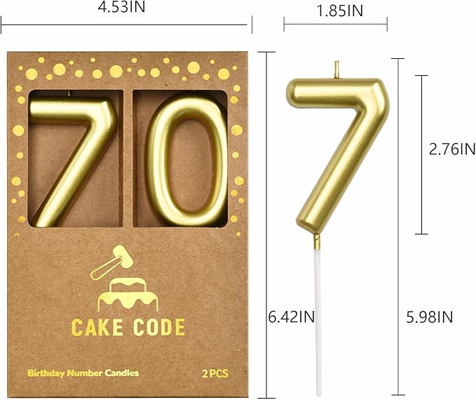 2.76 Inch Classical Gold 70 Number Birthday Candles, Gold Number Candles, Cake Number Candles, Party Celebration