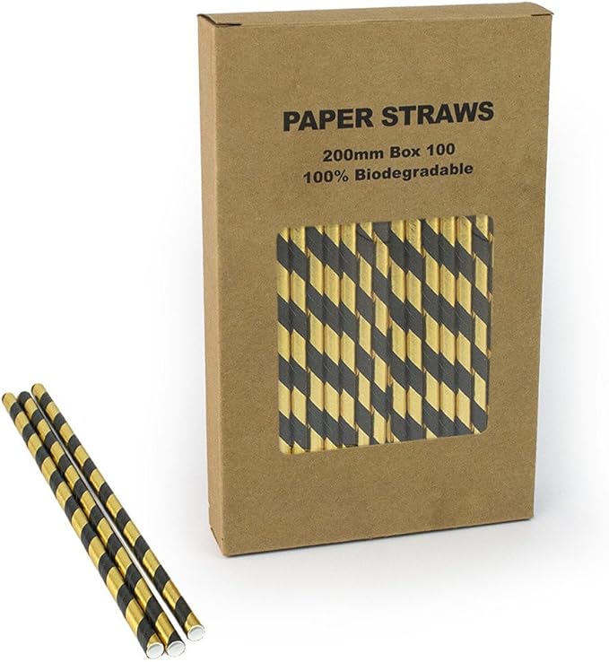 Black Gold Foil Striped Paper Straws Bulk, Paper Drinking Straws for Wedding 1st Birthday Party Holiday Graduation New Year Eve, Cake Pop Sticks (Black Gold Foil Stripe, 100)