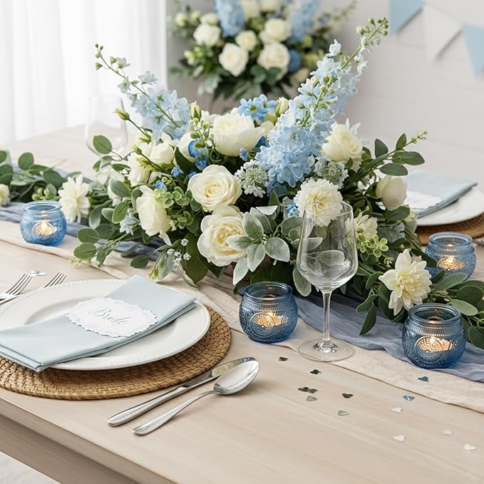 24 Pcs Blue Votive Candle Holders for Bridal Shower Decorations- Floral Style Dusty Blue Candle Holder for Wedding Table Centerpieces, Baby Shower Decor