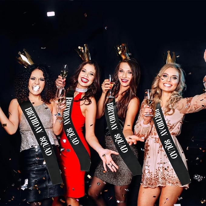8PCS Birthday Squad Sashes, Black Birthday Sash Set for Women or Me Funny 16th 18th 21st 30th 40th 50th or Other Bday Party Favors Decorations