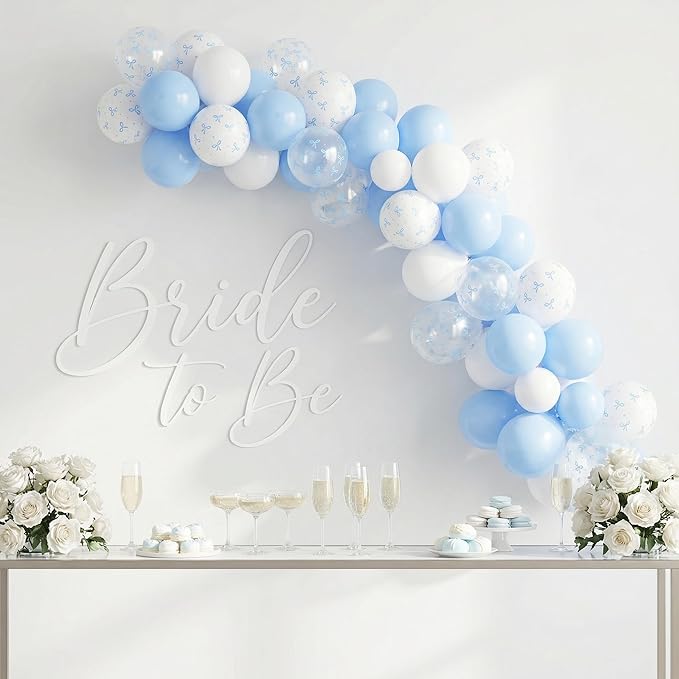 HILAVO Blue Bow Balloons, 12 Inch Pastel Light Blue Transparent White Bow Print Coquette Balloon for Girls Birthday Bachelorette Party Bridal Baby Shower Wedding Anniversary Decorations Supplies