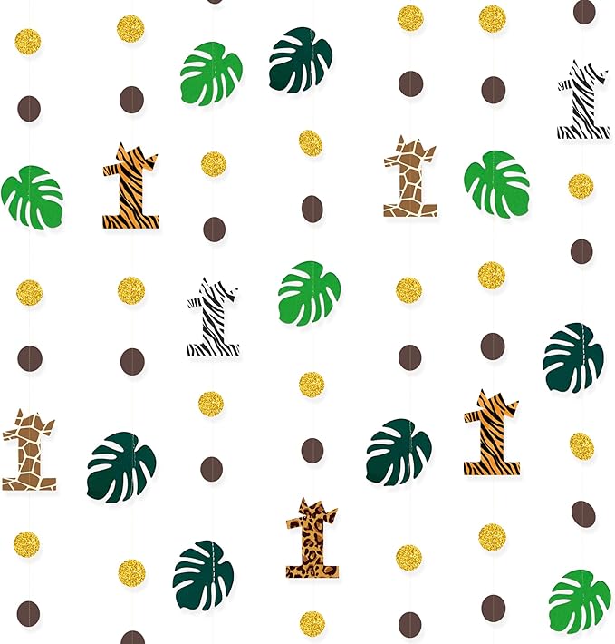 Pinkblume Wild One Jungle Theme Decorations - Palm Leaf Dot Circle Garland, Safari Animal 1st Birthday Supplies