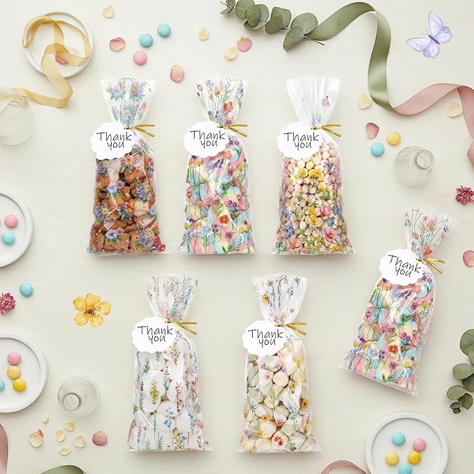 woric 100 Set Wildflower Cellophane Treat Bags Plastic Floral Candy Bags Goodie Bag with 100 Gift Tags and Twist Ties for Bridal Shower Wedding Birthday Baby Shower Summer Picnic Party Favors