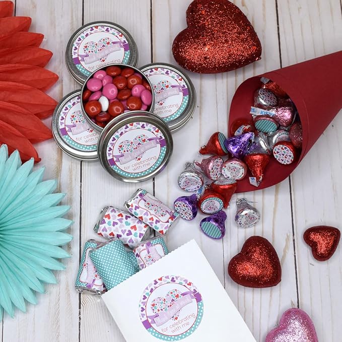 Sweetheart Pink & Purple Hearts Valentine's Day Birthday Party Sticker Bundle Kit 429 Pieces! Includes 2" Circle Stickers for Favors, Mini Candy Bar Wrappers & Round Candy Kiss Stickers
