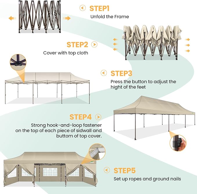 COBIZI 10x30 Pop Up Heavy Duty Canopy with 8 Sidewalls and Hexagonal Legs, Easy up Tent for Party, Wedding and Commercial, Outdoor Canopy with Carry Bag, Waterproof & UPF50+ (Khaki)