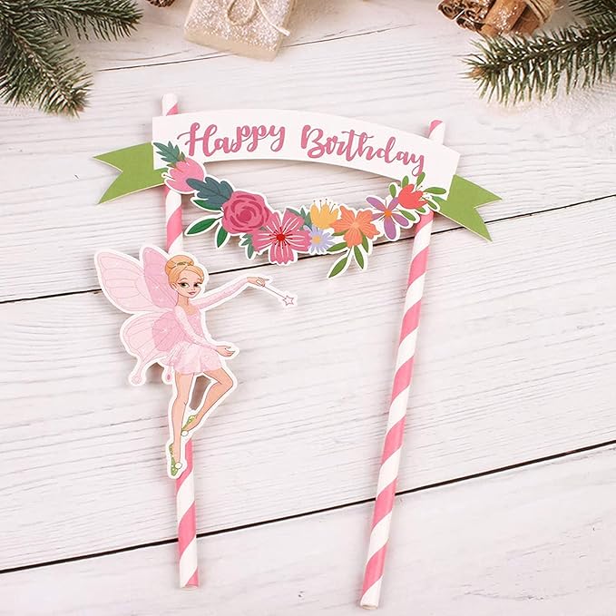 Pink Flower Fairy Happy Birthday Cake Topper Banner pre-assembled Cake Decorating Pennant Flag Banner Perfect for Wedding, Baby Shower, Tea Party