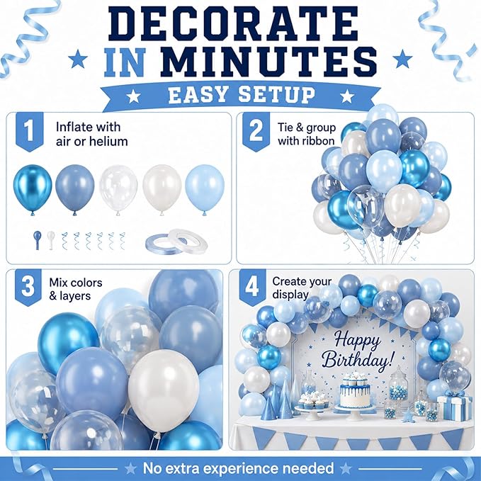 Blue Balloons, 60Pcs Pearl White and Blue Balloon, 12 Inch Latex Double Stuff Pearl Blue Balloons for Boy Baby Shower Birthday Party Gender Reveal Wedding Anniversary Graduation Party Decorations