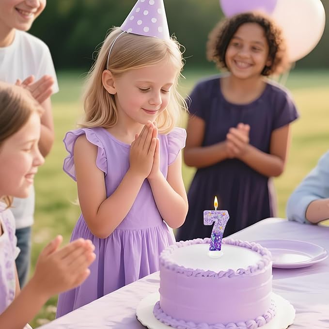 Purple Sequin Birthday Candles, Cake Number Candles, Girls 0th Birthday Decorations, Suitable for Birthday Parties, Anniversary Party Decorations(7)