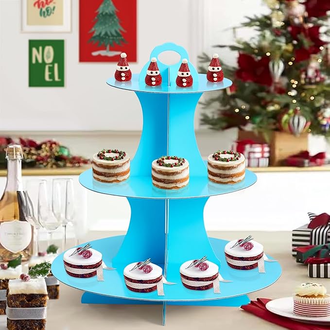 Soleebee 3-Tier Round Cupcake Stand, Cardboard Cupcake Tower, Dessert Cup Cake Stand Tower for Birthday Wedding Party Decoration, Cupcake Tier Stand 2 Set (Blue)