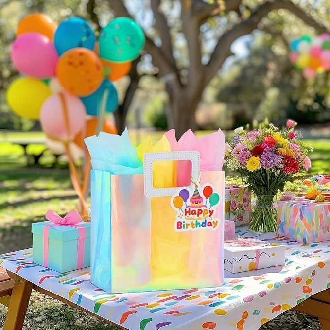 VUOJUR 8.3'' Small Birthday Gift Bag with Tissue Paper and Happy Birthday Gift Tag for Girl-Colorful