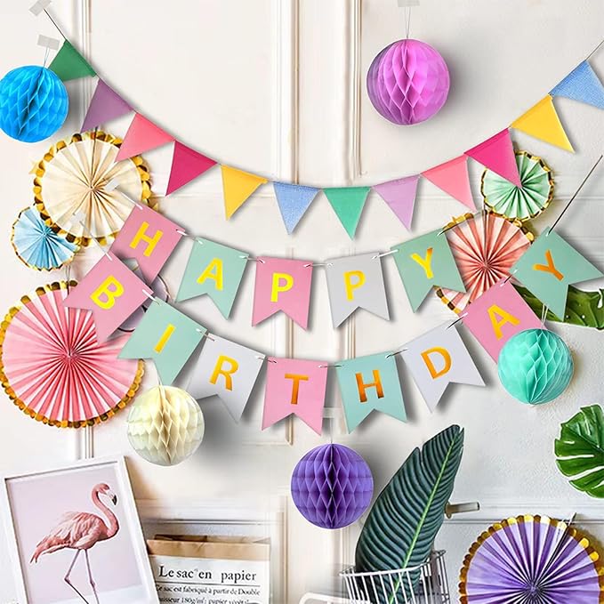 Pastel Birthday Party Decoration, Macaron Happy Birthday Party Decoration for Girls Women with Happy Birthday Banner Bunting Hanging Paper Fans, Girl Woman Pastel Birthday Honeycomb Decoration