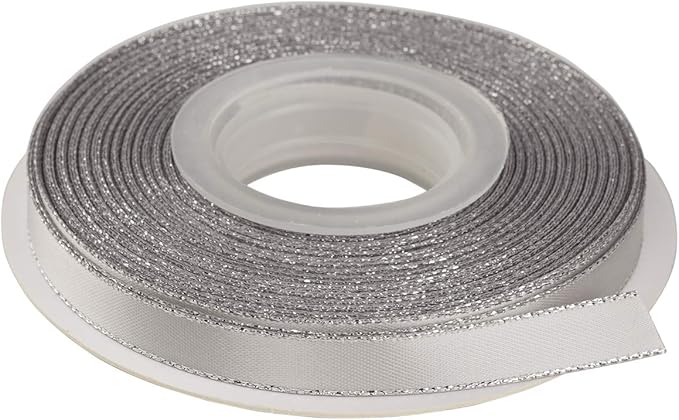 3/8" Double Face Satin Ribbon with Silver Edge 25 Yards (007-Shell Grey), Set for Gift Wrapping, Party Decor, Wedding and Craft