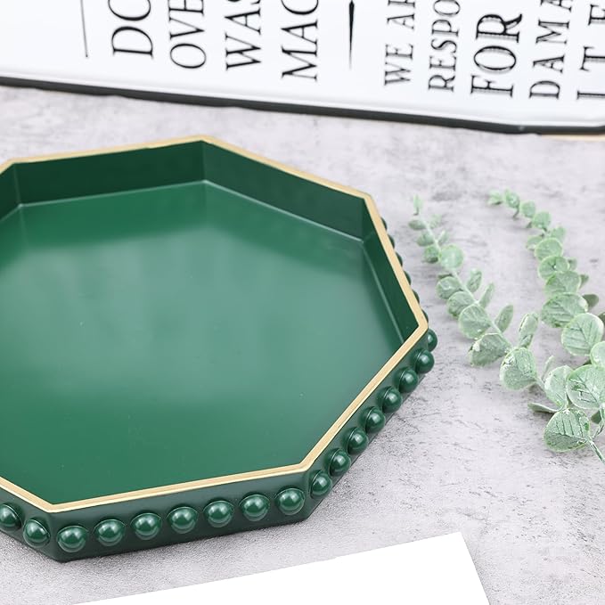 Green Serving Tray for Coffee Table, Octagonal Beaded Plastic Decorative Tray for Ottoman, Kitchen Counter, Living Room, Outdoor Lacquer Tray for Entertaining