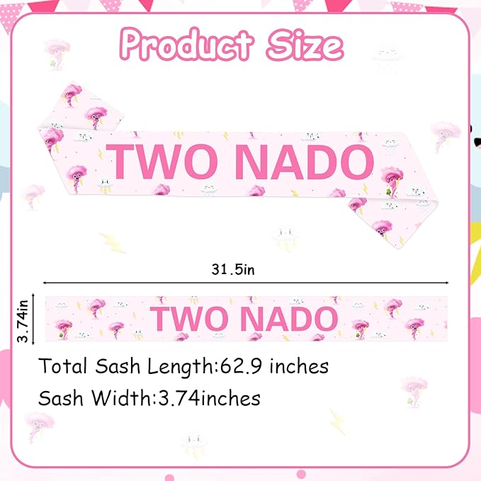 Tornado Birthday Party Decoration Pink Two Nado Birthday Satin Sash Weather Theme Happy Birthday Party Favor for Funny Happy Bday Gift Supply Photo Prop