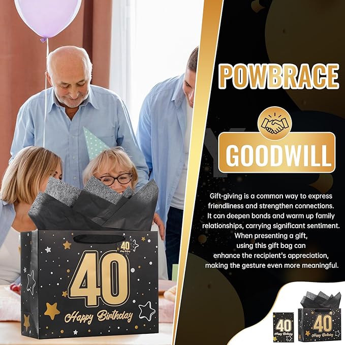 Powbrace 13" Black 40th Birthday Gift Bag with Tissue Paper and Greeting Card for Party,Happy Birthday Gift Bag for Men Women,Gift Bags Medium size(1 Black 40th)